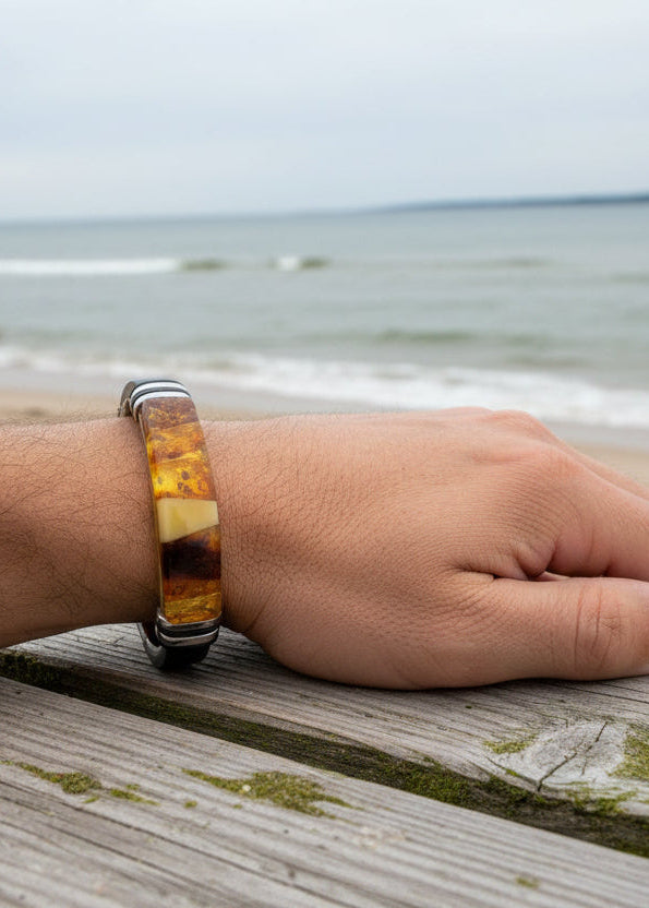 Bernstein Herrenarmband mit echtem Leder