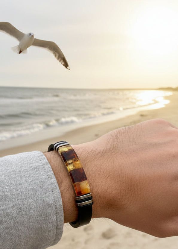 Bernstein Herrenarmband mit echtem Leder